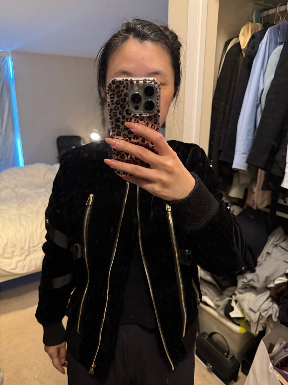 Women's Black Velvet Bomber Jacket with Gold Zippers